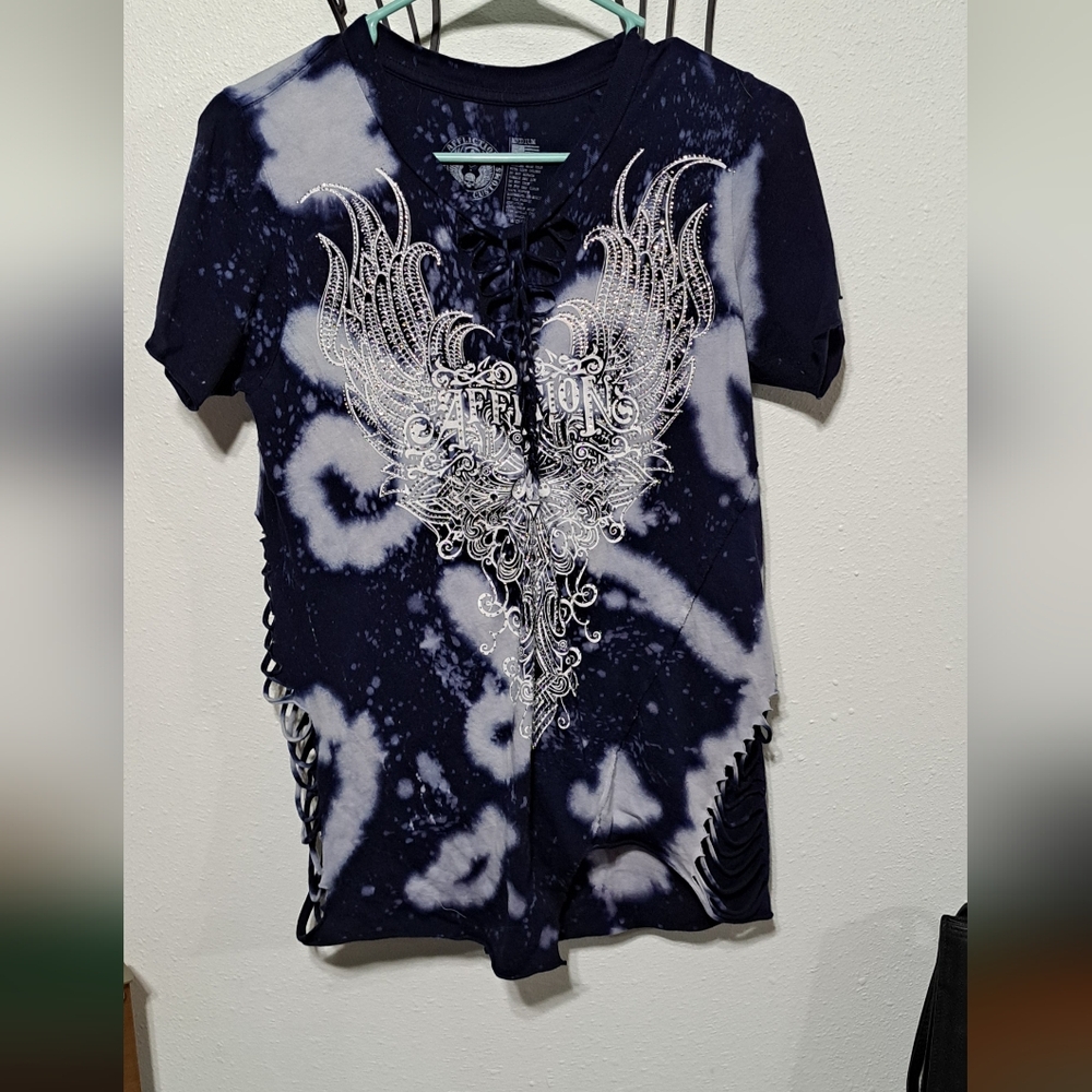 Affliction Blue and White Graphic Tee Ladies sz. M